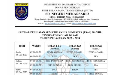 Jadwal PSAS Sem 1 SDN Mekarsari 3 T.A 2023/2024